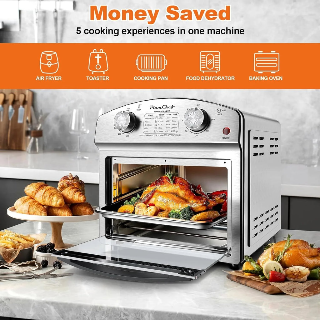 Plum Chef 13QT Air Fryer, 4-Slice Air Fryer Toaster Oven, Space Saving, Visible Window, Oil Free, 1500W, Stainless Steel, Silver