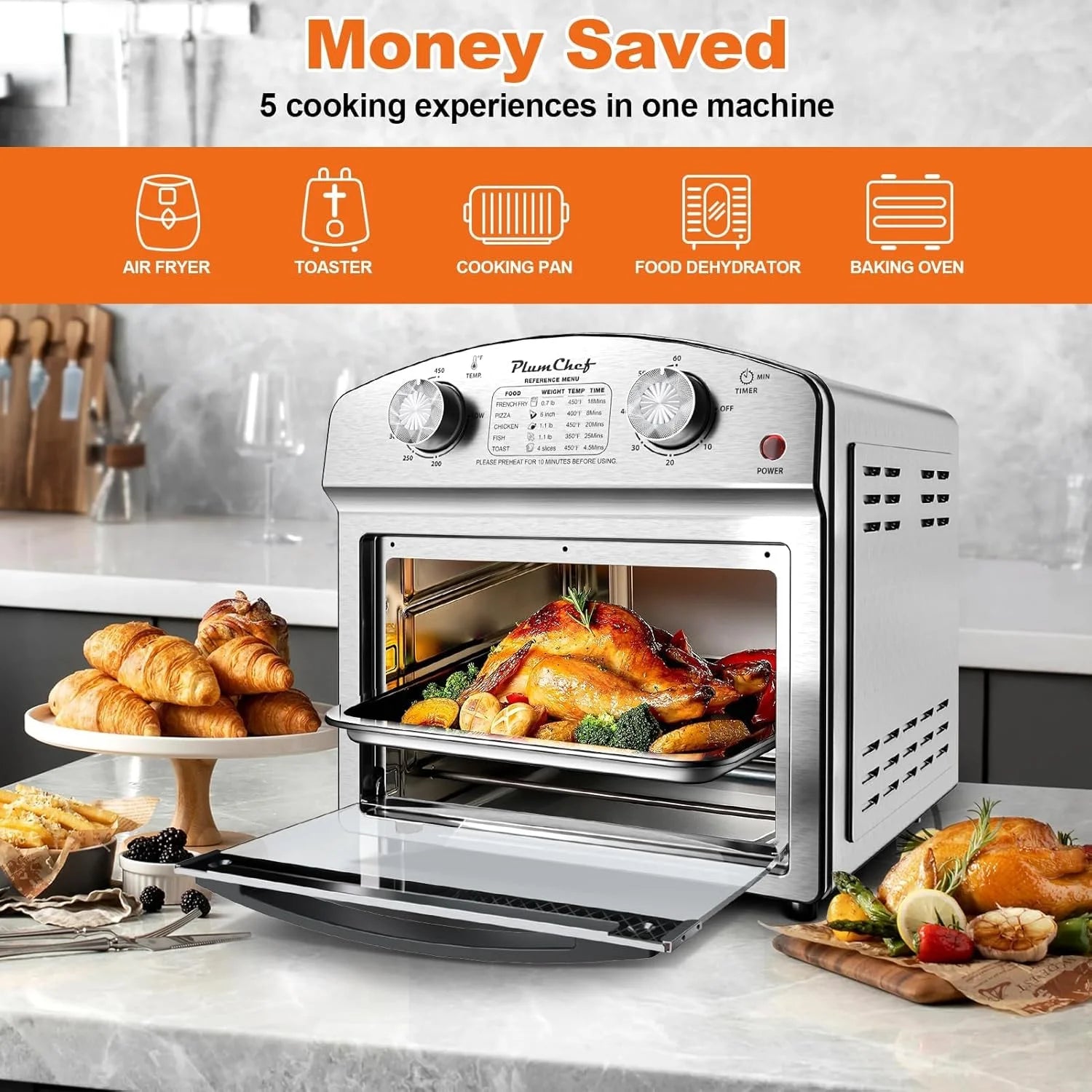 Plum Chef 13QT Air Fryer, 4-Slice Air Fryer Toaster Oven, Space Saving, Visible Window, Oil Free, 1500W, Stainless Steel, Silver