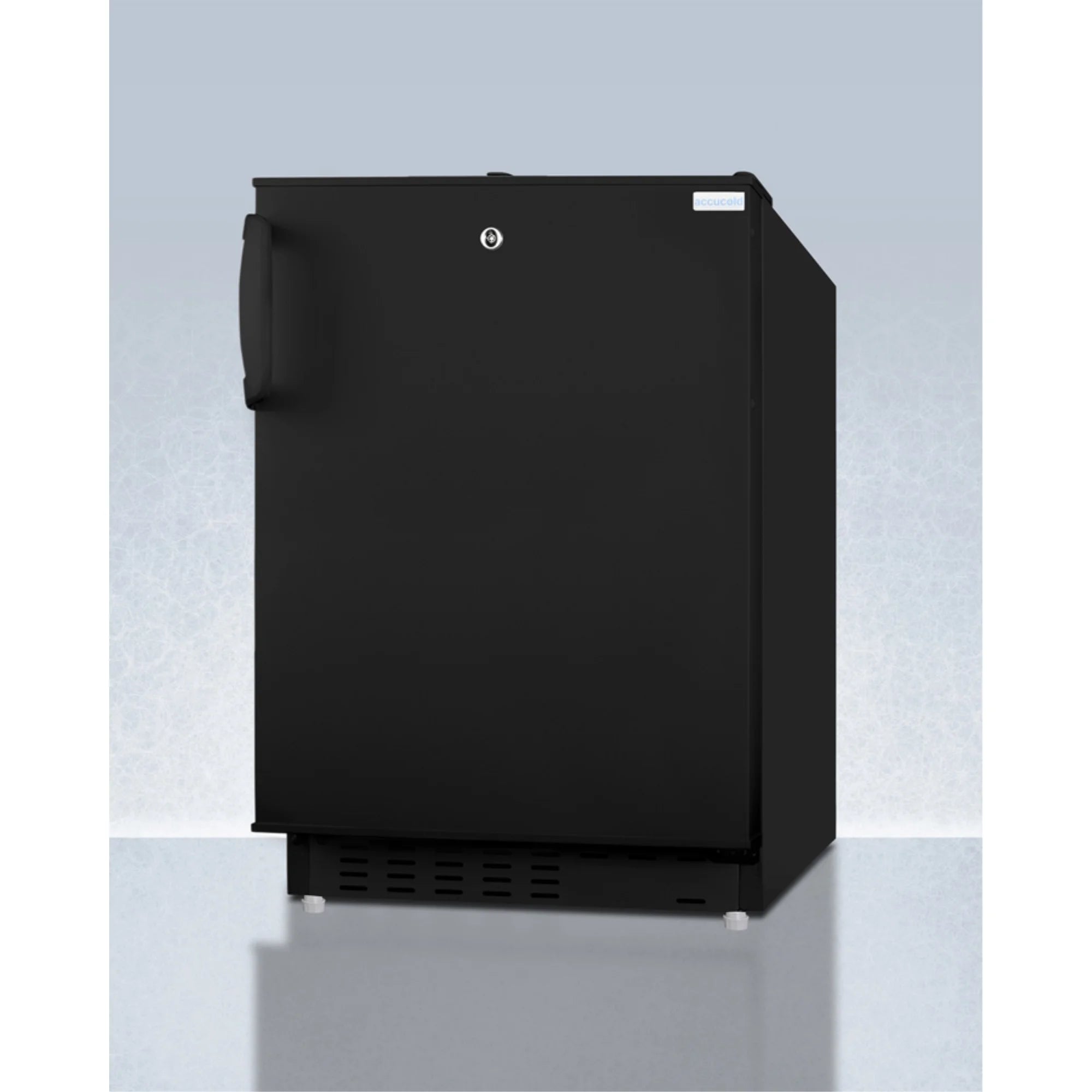 20" wide built-in undercounter ADA compliant refrigerator-freezer in black with a front lock