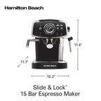 Hamilton Beach 15-Bar, 2 Cup Espresso Machine, Slide & Lock Espresso Maker with Milk Frother, Black & Chrome