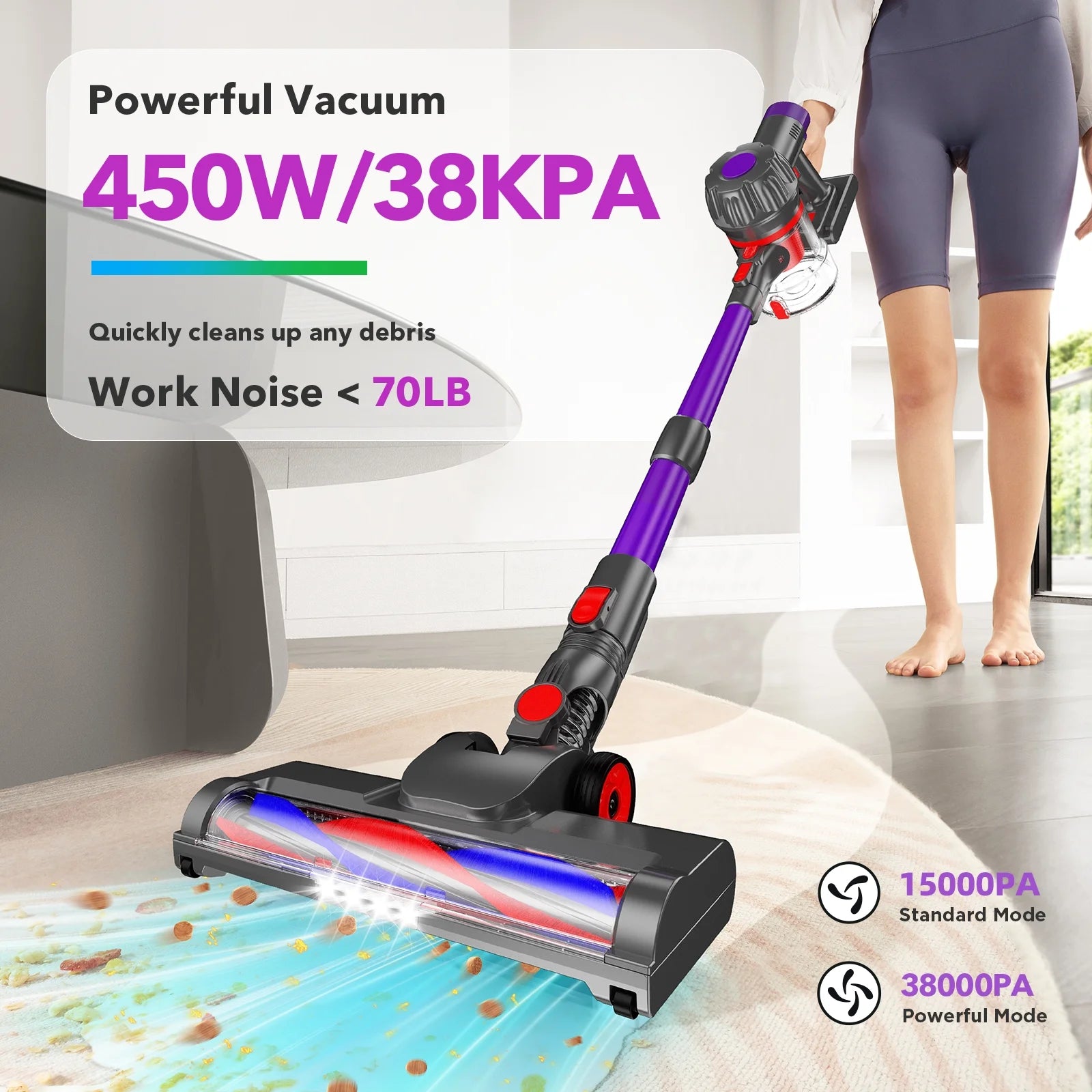 KANFUAQ Cordless Vacuum Cleaner, 38000PA/450W 50min 2500mah for Home Pet Hair Carpet Wood Floor