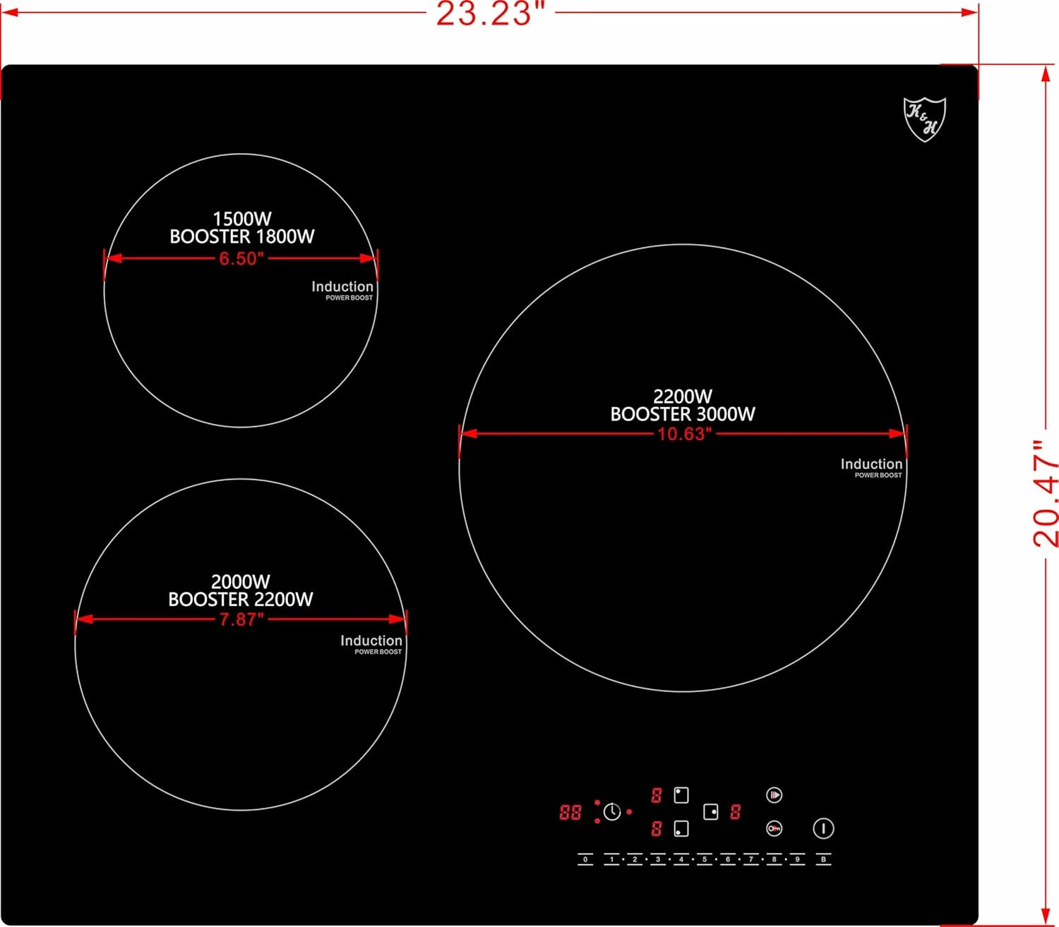 K&H 3 Burner 24 Inch Built-in Induction Electric Stove Top Ceramic Cooktop Touch Control 240V 6000W IN24-6803TB