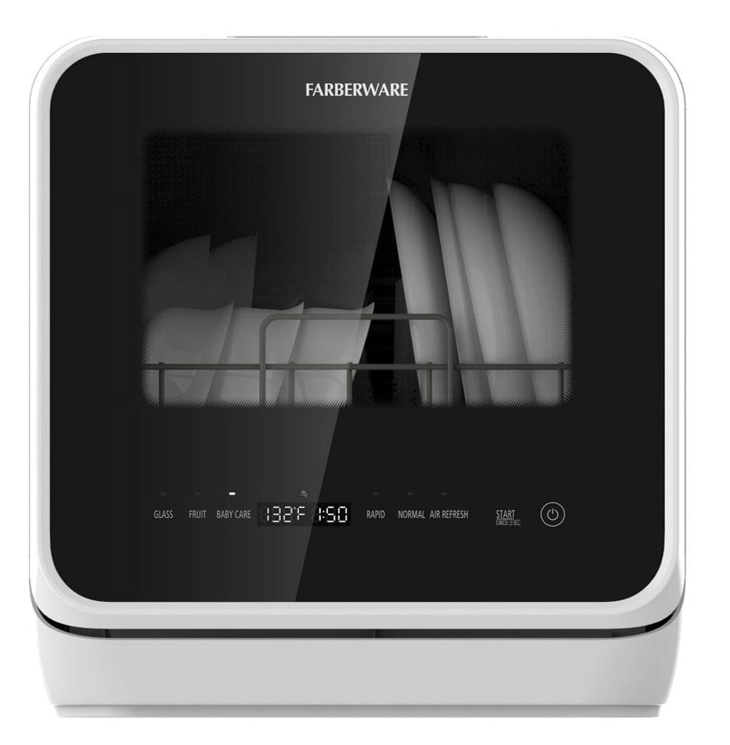Farberware Portable Dishwasher with Built-In Water Tank with Baby Care and Fruit Wash Settings in White w/ 6-Place Setting Capacity, FDW05ASBWHA