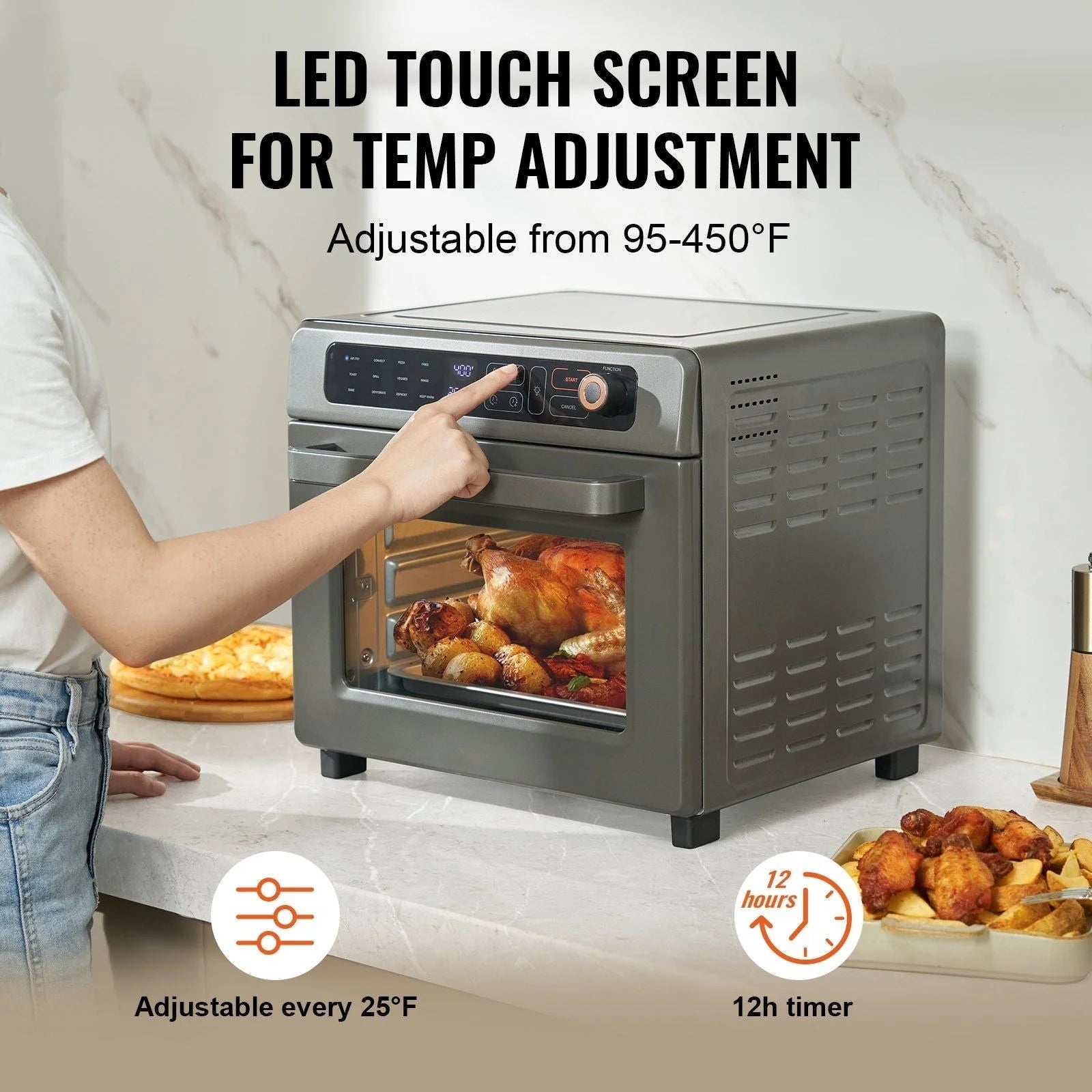 12-In-1 air-fried toaster oven, 25L convection table oven, 1700W stainless steel with pizza pan, rack and gloves, 12-slice and 12-inch pizza capacity