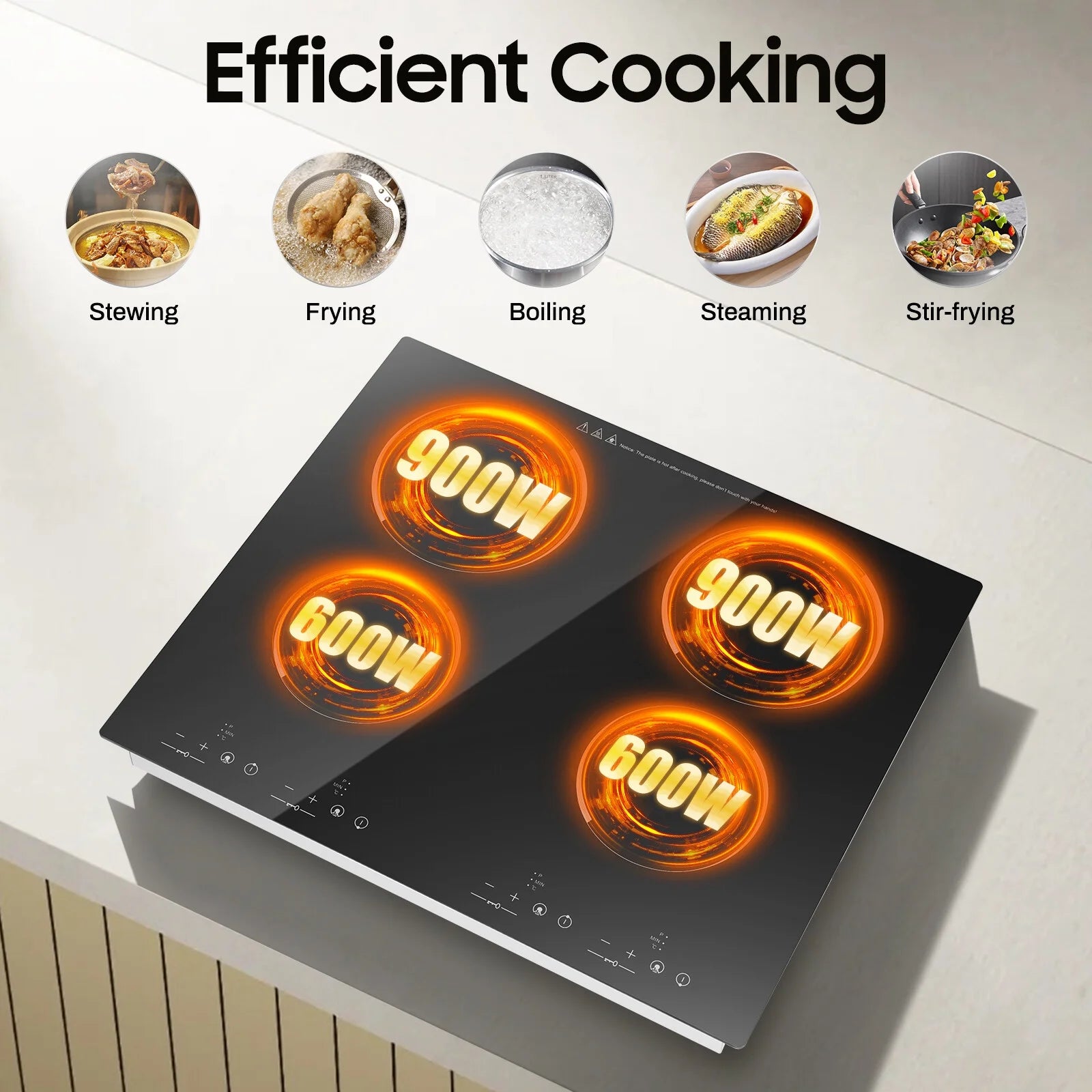 110V 3000W 4-Burner Electric Ceramic Cooktop,Touch Control,9 Gears,Safe & Efficient,for Home & Commercial Use