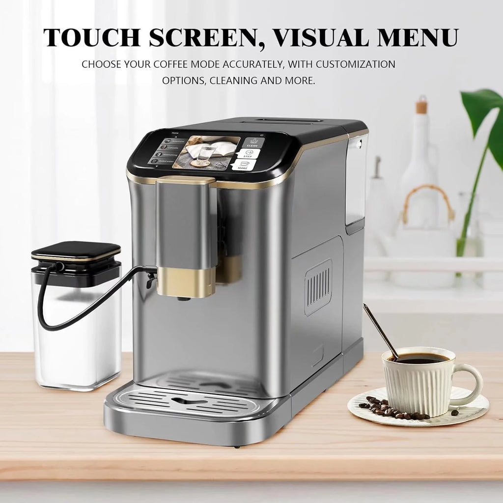 Fully Automatic Coffee Maker with Built-In Grinder and Milk Frother, Touch Screen 20 Bar High Pressure Espresso Machine with Adjustable Temperature and Strength for Home, Office