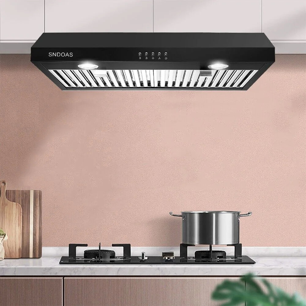Range Hood 30 inch Under Cabinet,Black Stainless Steel Range Hood with 500 CFM,Ductless Range Hood Black,Kitchen Vent Hood 30 inch with 3 Way Venting,Baffle Filters,LED Light