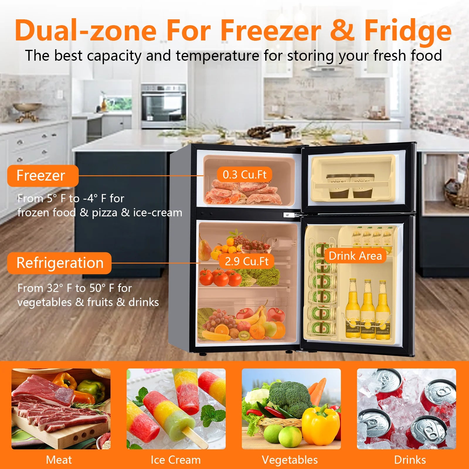 GoFashion 3.2 Cu. Ft Mini Fridge with Freezer, Small Refrigerators Double Door Stainless Steel, 5 Thermostat, Compact Internal Freezer with Crisper Drawer 90L