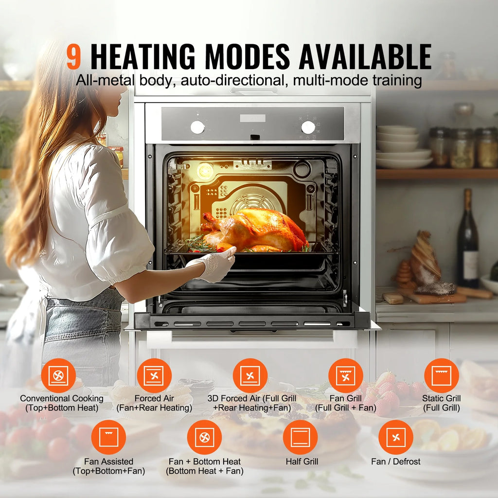 KFFKFF Single Wall Oven, 24" Electric Oven for Built-in Installation, Offers 9 Cooking Modes, 2.68 Cu.Ft Capacity, Includes Timer, 2800W Power, Comes with Baking Rack and Tray, Ideal for Any Kitchen