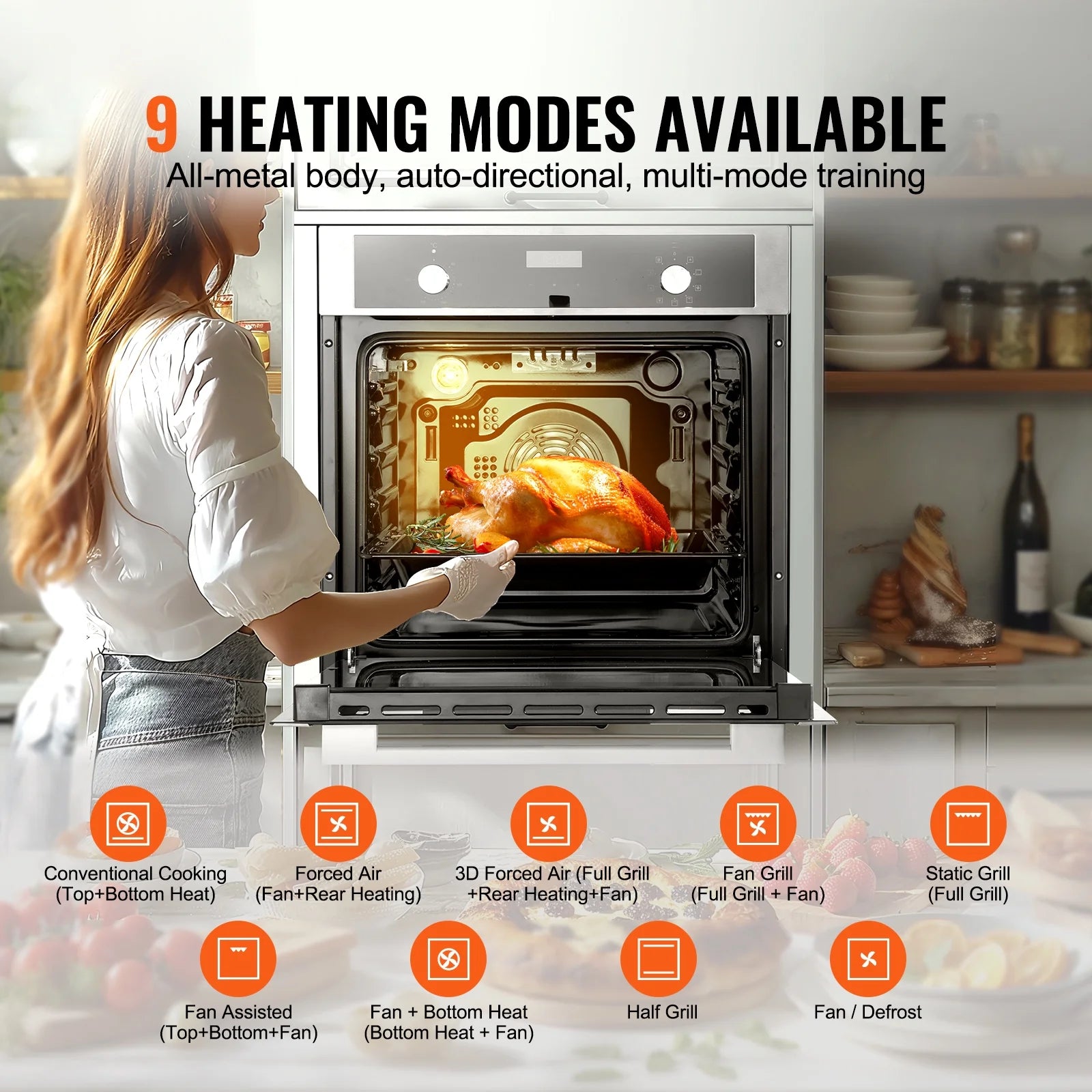 KFFKFF Single Wall Oven, 24" Electric Oven for Built-in Installation, Offers 9 Cooking Modes, 2.68 Cu.Ft Capacity, Includes Timer, 2800W Power