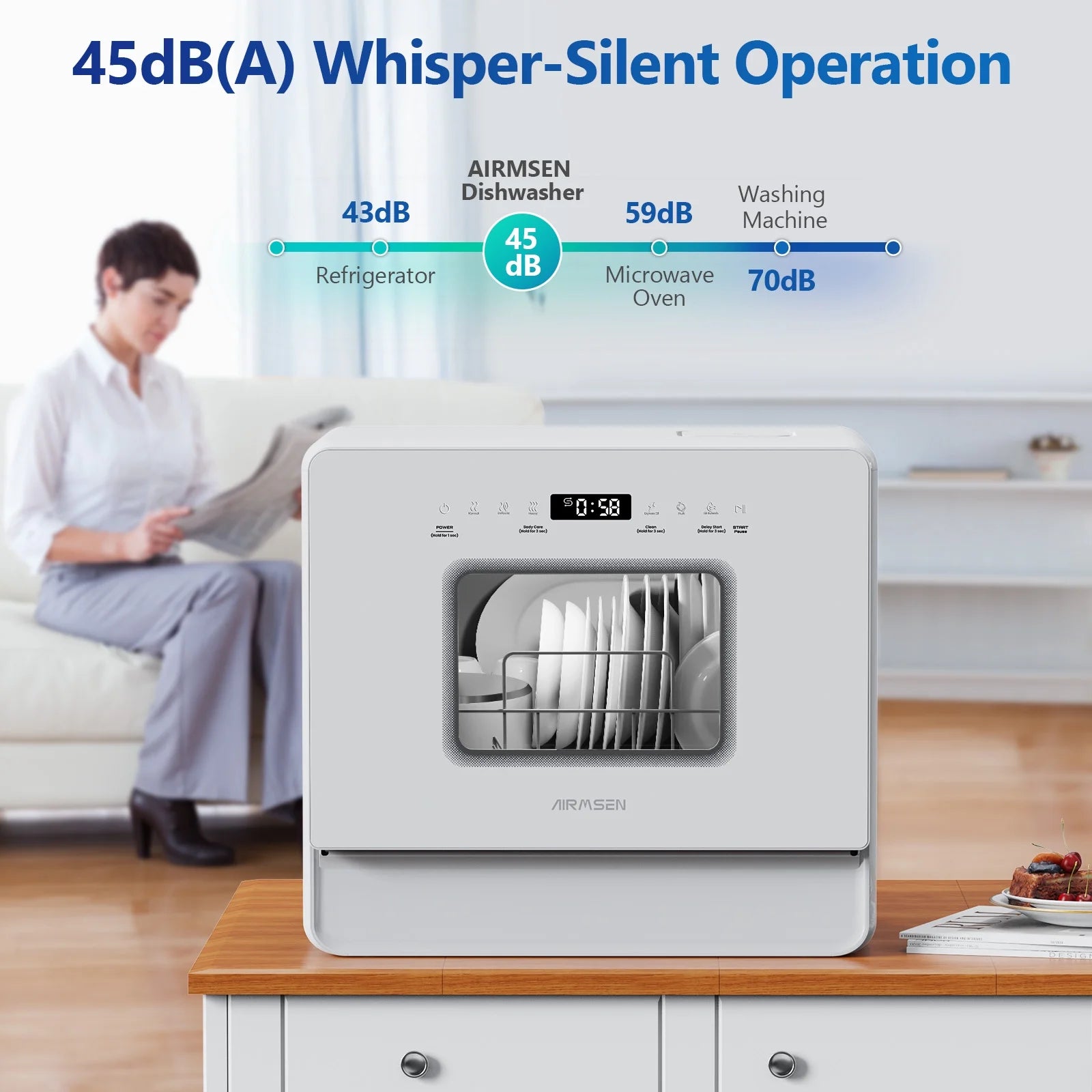 AIRMSEN 5-Place Settings Portable Countertop Dishwasher with 5L Built-in Water Tank, Ultra-Slim Dishwasher Upgrade 3 Spray Arms, 12H Delay Start and Salt Chamber Function, ZMW-DUHA01