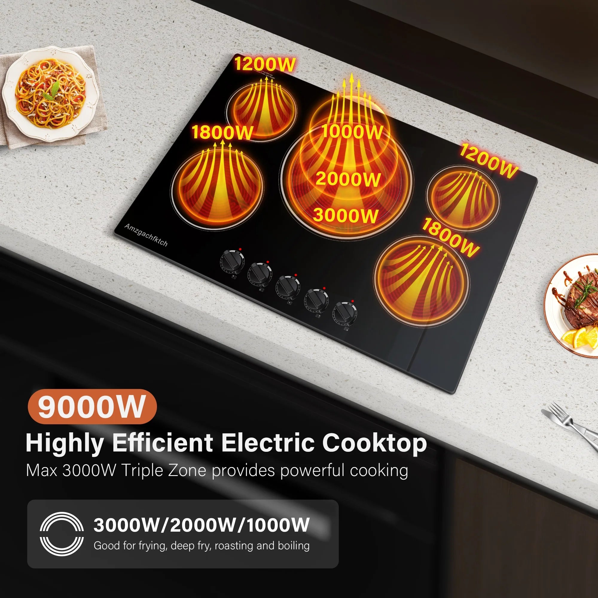 30in 5-Burner Built-In Electric Cooktop 9000W, Knob Control Ceramic Stove Easy Clean, No Radiation Family-Safe