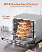 KFFKFF Professional Counter-Top Oven, 66L 4-Level Roasting Oven, 2800W Electrical Cooking Oven with Reinforced Glass Door, Wire Shelves, Clip Tray, Gloves, Stainless Steel Industrial Oven
