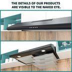 FIREGAS Black Under Cabinet Range Hood 30 inch, Slim Kitchen Over Stove Vent, LED Light, 3 Speed Exhaust Fan, Push Button,Stainless Steel 30 inch Range Hood,with Charcoal Filter