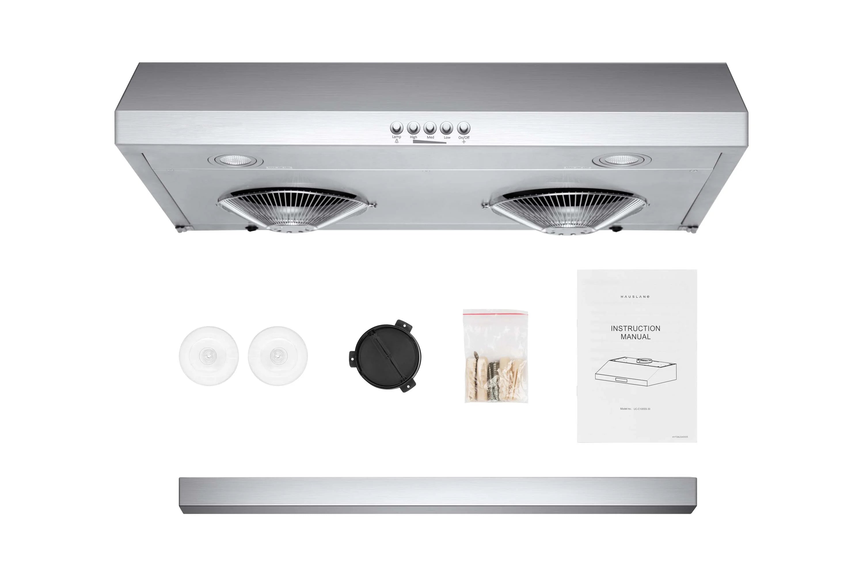 Hauslane Chef Series C100 30-inch Under Cabinet Range Hood, Stainless Steel, Energy Efficient LED, 6 Inch Duct