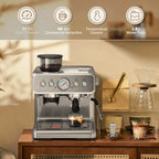 Auseo  20 Bar Automatic Espresso Coffee Maker with Grinder and Milk Frother Steam Wand, Drip Hot Coffee, 1&2 Cups, Espresso/Cappuccino/Latte/Mocha for Home, Stainless Steel