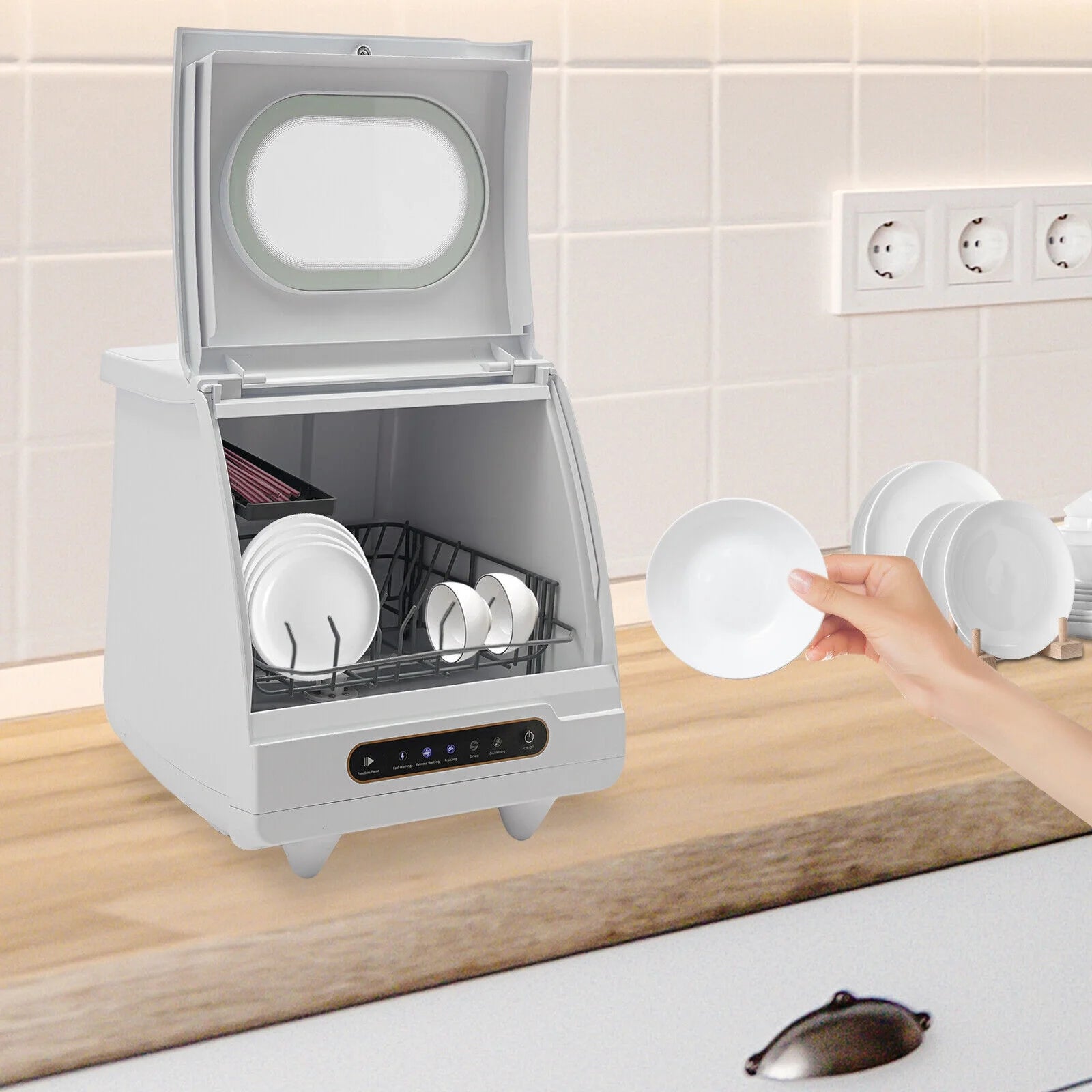 Portable White Countertop Dishwasher Compact Dishwasher 5 Washing Programs 1200W
