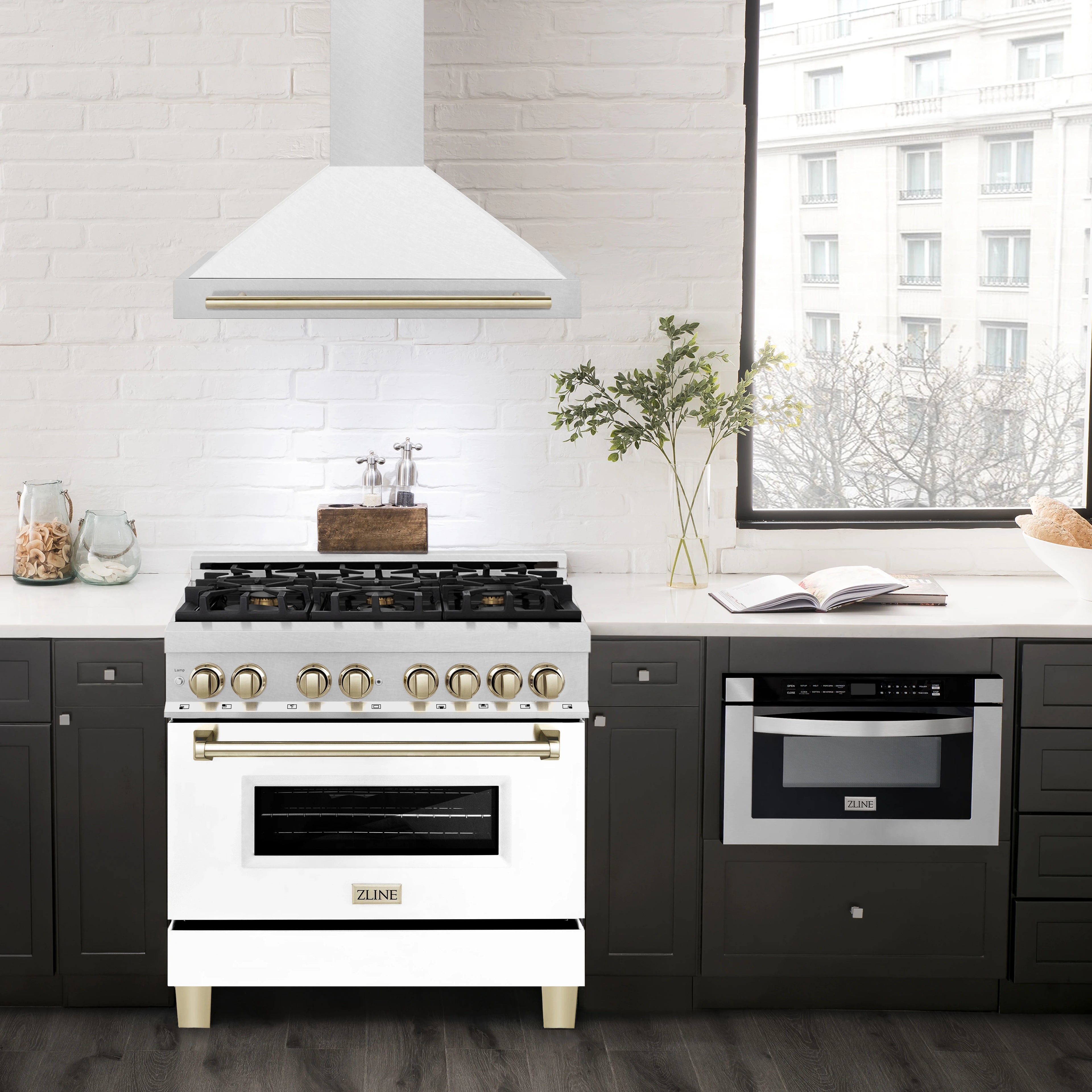 ZLINE 36" Autograph Edition DuraSnow Stainless Steel Range Hood with White Matte Shell and Gold Handle