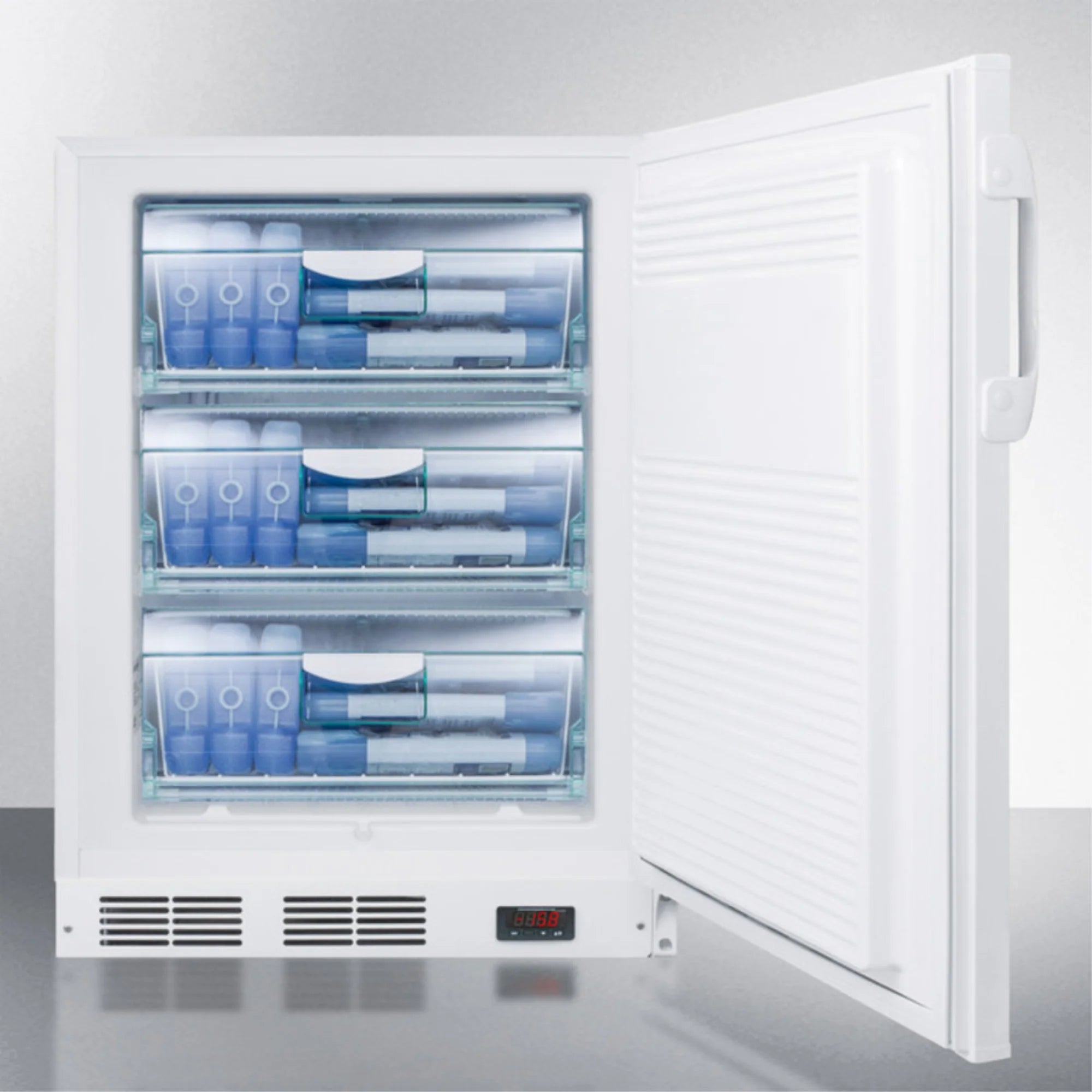 ADA compliant built-in undercounter vaccine all-freezer with digital thermostat, temperature alarm, hospital grade cord, self-closing door, and front lock