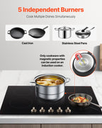 KFFKFF 5 Burner Electric Cooktop, 9200W 36" Ceramic Glass Stove Top Burner, Built In or Countertop, with Control Knobs, 12 Heat Levels, Glass Top, Automatic Power-Off for Indoor Outdoor Cooking