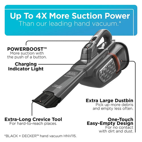BLACK+DECKER 16V MAX dustbuster AdvancedClean+ Cordless Hand Vacuum, for Car & Home Use, with Long Crevice Tool and XL Dustbin, HHVK415B01, Grey