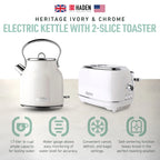 Haden Heritage 1.7 Liter Electric Kettle with 2 Slice Bread Toaster, White