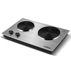 CUSIMAX 1800W Portable Double Burner Hot Plate �?Stainless Steel Countertop Electric Cooktop with Dual Cast Iron Heating Plates, Easy-to-Clean Silver Design, Upgraded Version