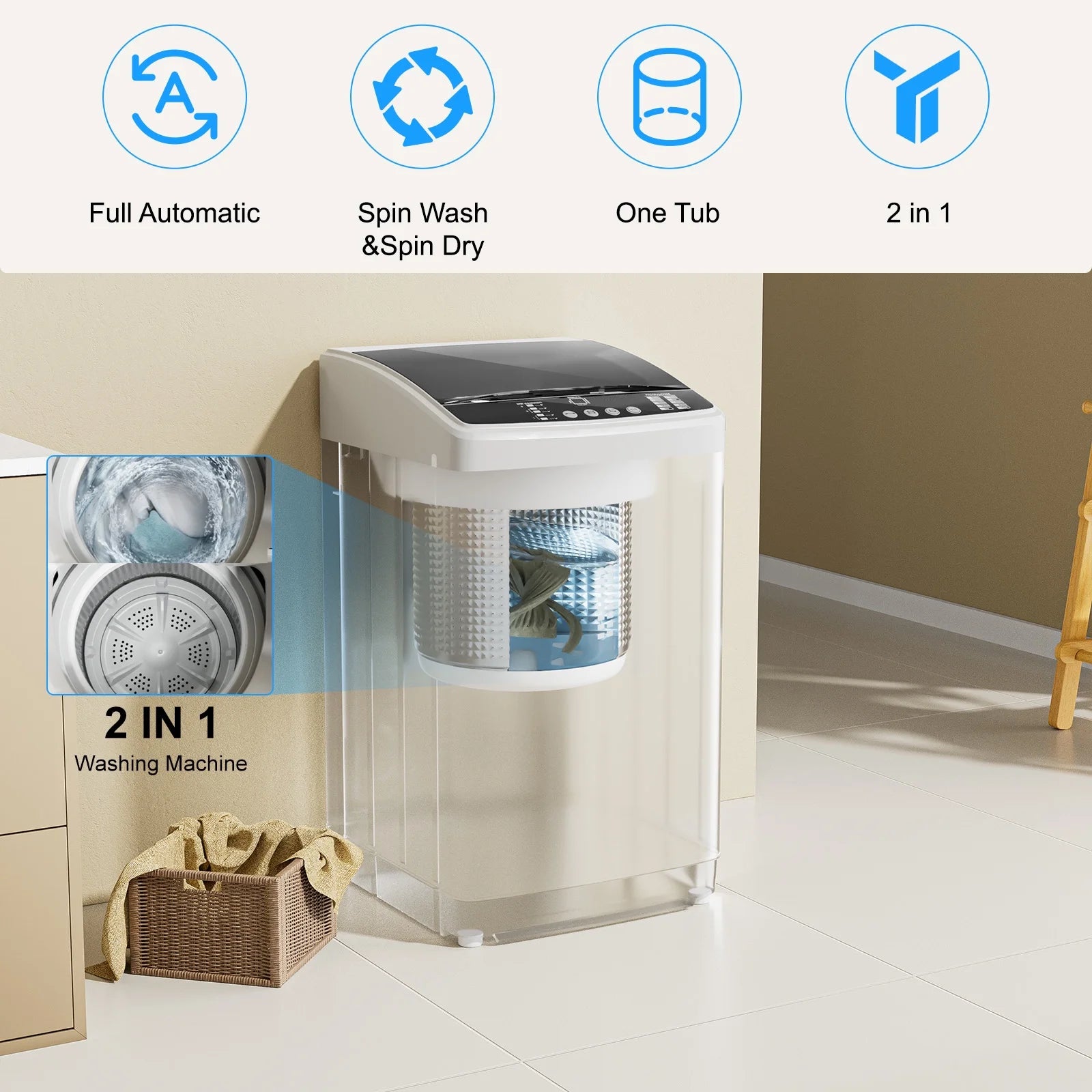 TABU 19lbs Portable Washing Machine,2.5 Cu.ft Full Automatic Washing Machine,Top Load,White