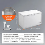 KFFKFF 12.8 Cu.ft / 345L Small Top-Open Chest Freezer 7-Speed?Temperature Control Removable Storage Basket, Freestanding 4 Detachable Baskets, 6 Casters