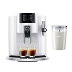 Jura E8 Automatic Espresso Machine (Piano White) with Glass Milk Container