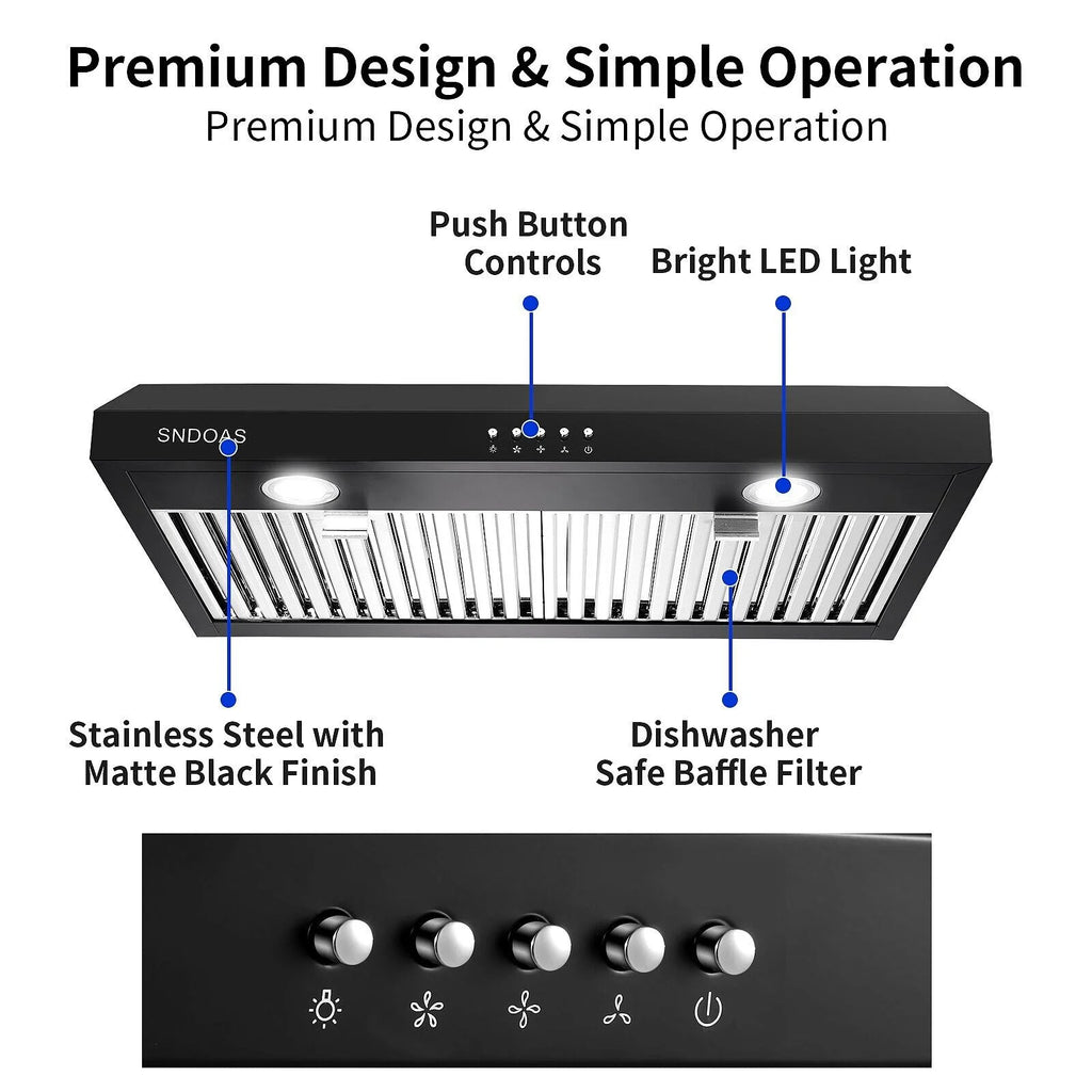 Range Hood 30 inch Under Cabinet,Black Stainless Steel Range Hood with 500 CFM,Ductless Range Hood Black,Kitchen Vent Hood 30 inch with 3 Way Venting,Baffle Filters,LED Light