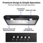 Range Hood 30 inch Under Cabinet,Black Stainless Steel Range Hood with 500 CFM,Ductless Range Hood Black,Kitchen Vent Hood 30 inch with 3 Way Venting,Baffle Filters,LED Light