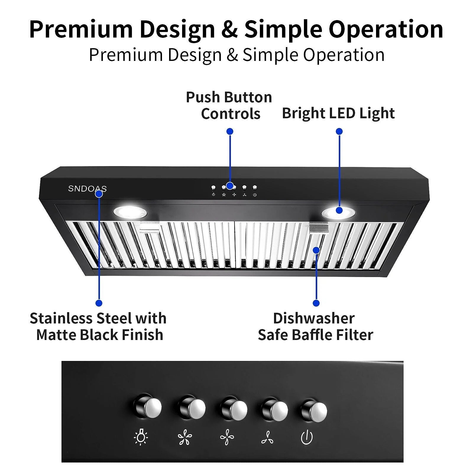 Range Hood 30 inch Under Cabinet,Black Stainless Steel Range Hood with 500 CFM,Ductless Range Hood Black,Kitchen Vent Hood 30 inch with 3 Way Venting,Baffle Filters,LED Light