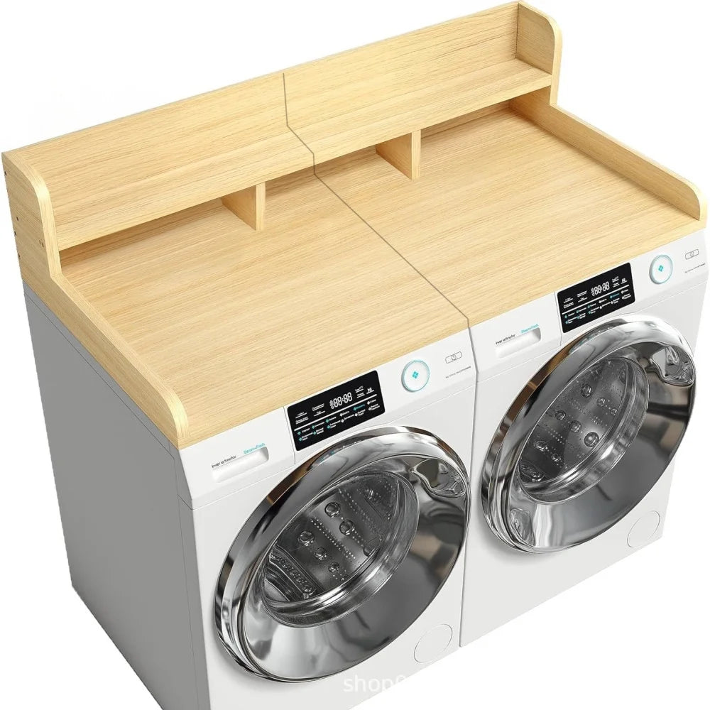 Modern Washer Dryer Countertop with 2-Tier Shelf,Laundry Room Countertop Organization Storage with 2.75" H Guard Edge Rails,Non-Slip Pad,Waterproof and Easy to Clean,54"W x 27.55"D,Natural Wood