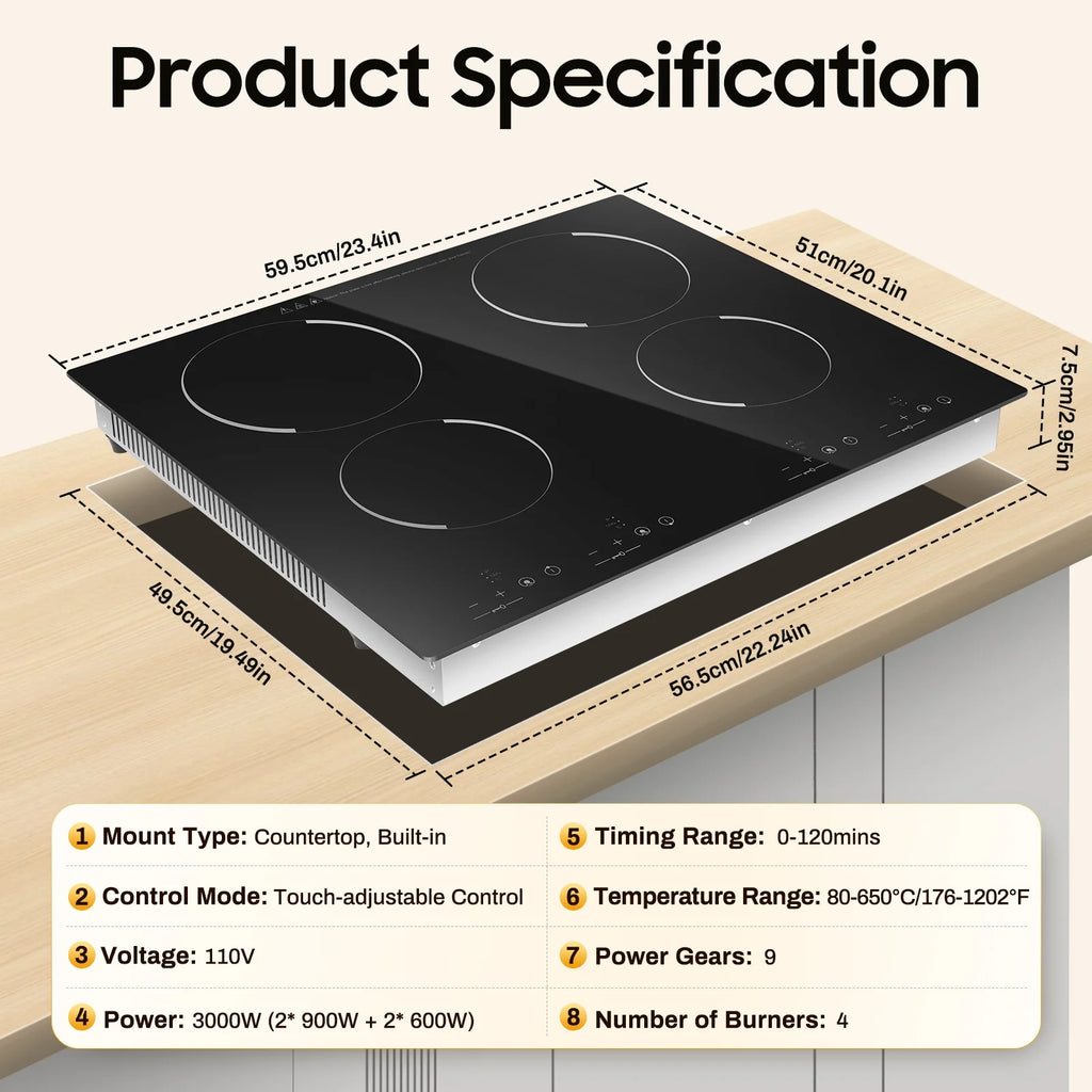 Peakora Electric Cooktop, Built-in Cooktop 3000W, Electric Stove Top with 4 Electric Burners, 9 Heating Level, Kid Safety Lock, Sensor Touch Control, 110V