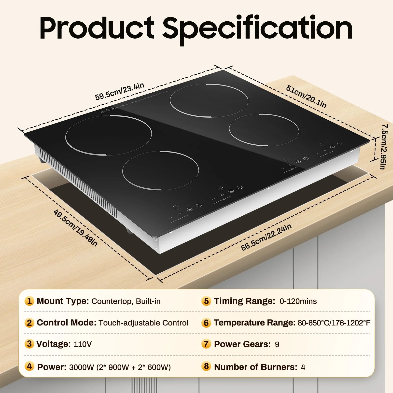 Peakora Electric Cooktop, Built-in Cooktop 3000W, Electric Stove Top with 4 Electric Burners, 9 Heating Level, Kid Safety Lock, Sensor Touch Control, 110V