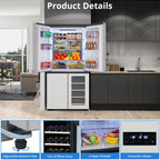 Tookss 21 Cu.Ft French Door Refrigerator, Counter Depth Stainless Steel Refrigerators, Multifunctional Fridges with Freezer, Refresh, and Wine Cooler for Kitchen, Bedroom, Office, Dorm