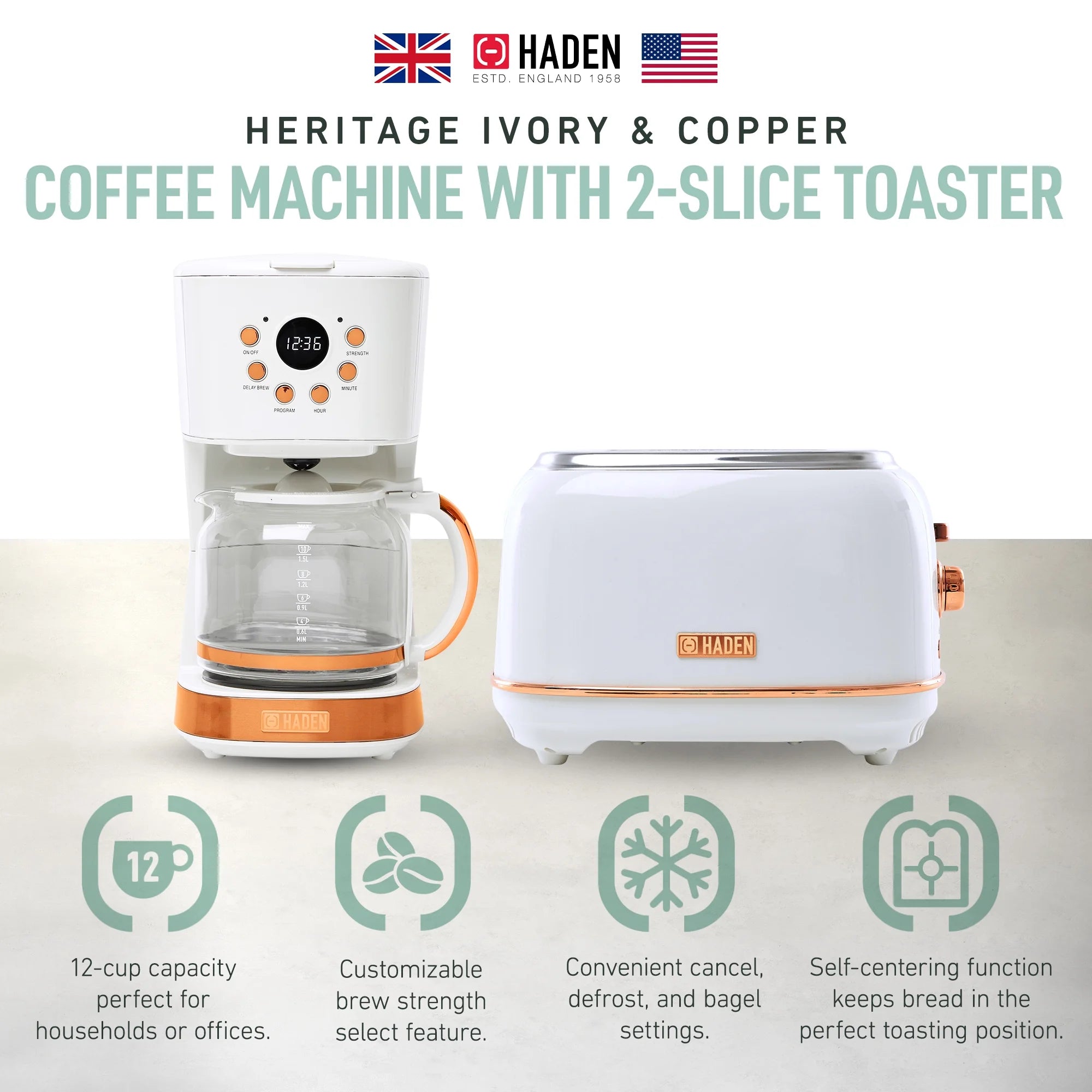 Haden 12 Cup Coffee Maker with 2 Slice Stainless Steel Bread Toaster, White