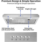 Stainless Steel Range Hood 30 inch Under Cabinet Range Hood 500 CFM with 3 Way Venting Vent Hood