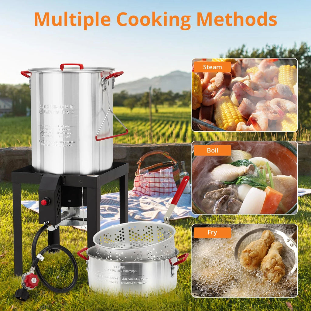 2024 New 30 Qt Turkey & 10 Qt Fish Fryer Boiler Steamer Set, Aluminum Turkey Deep Fryer Pot, 38, 000 BTU Outdoor Propane Stove Stand for 20 Lbs Turkey, Thermometer, Turkey Rack & Lifting Hook