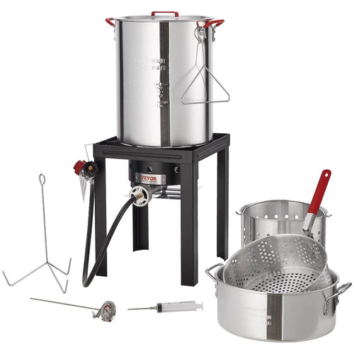 5-Piece Outdoor Turkey and Seafood Cooking Set: High-Power Fryer/Steamer with 54K BTU Burner, Baskets, Rack, and Thermometer
