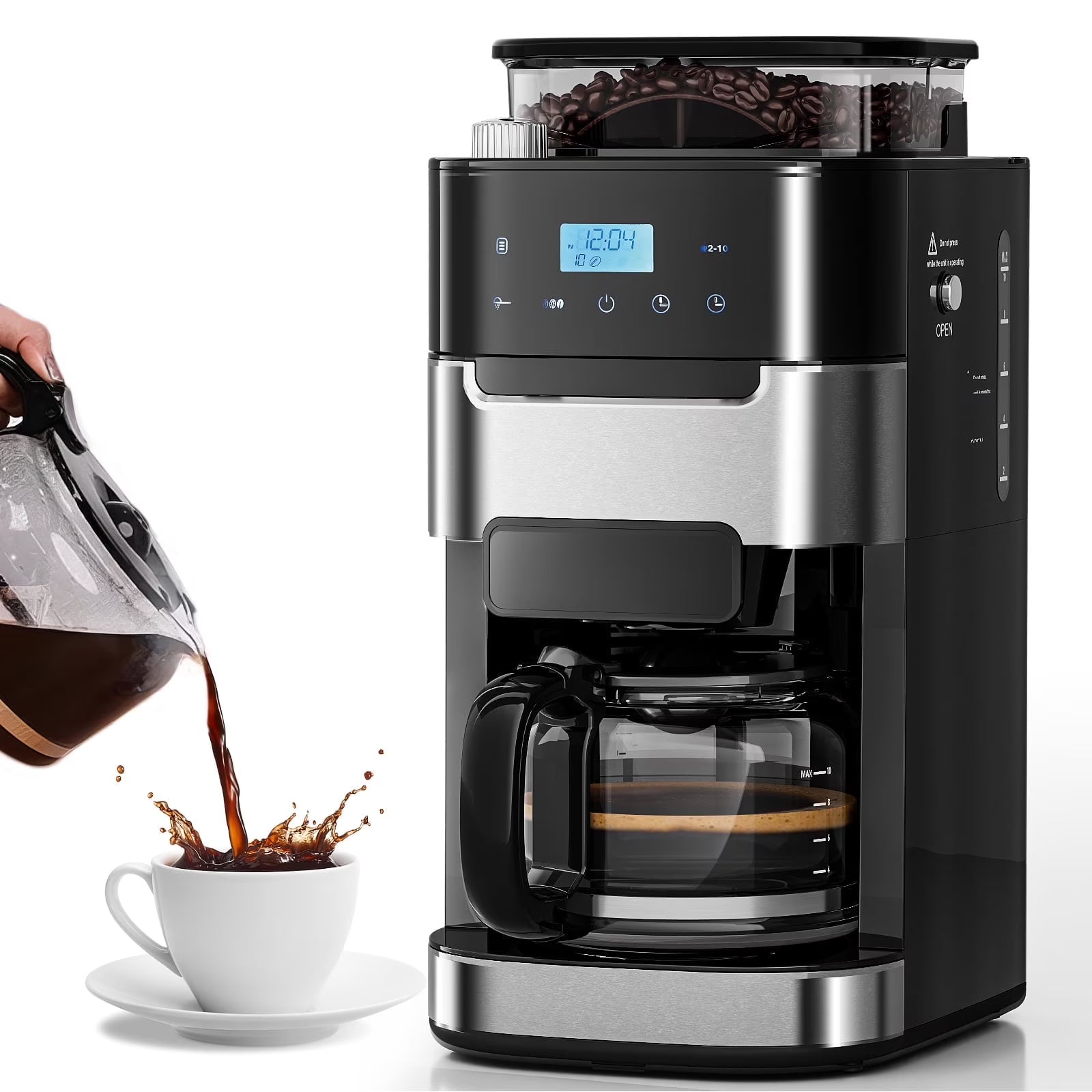 Auseo 10-Cup Drip Coffee Maker with Grinder, Grind and Brew Coffee Maker, 12-Hour Timer, 3 Brew Strength Options, Touch Screen, 1.5L Water Tank, Black