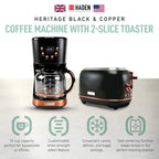 Haden Heritage 2 Slice Wide Slot Toaster & Coffee Maker, Black & Copper