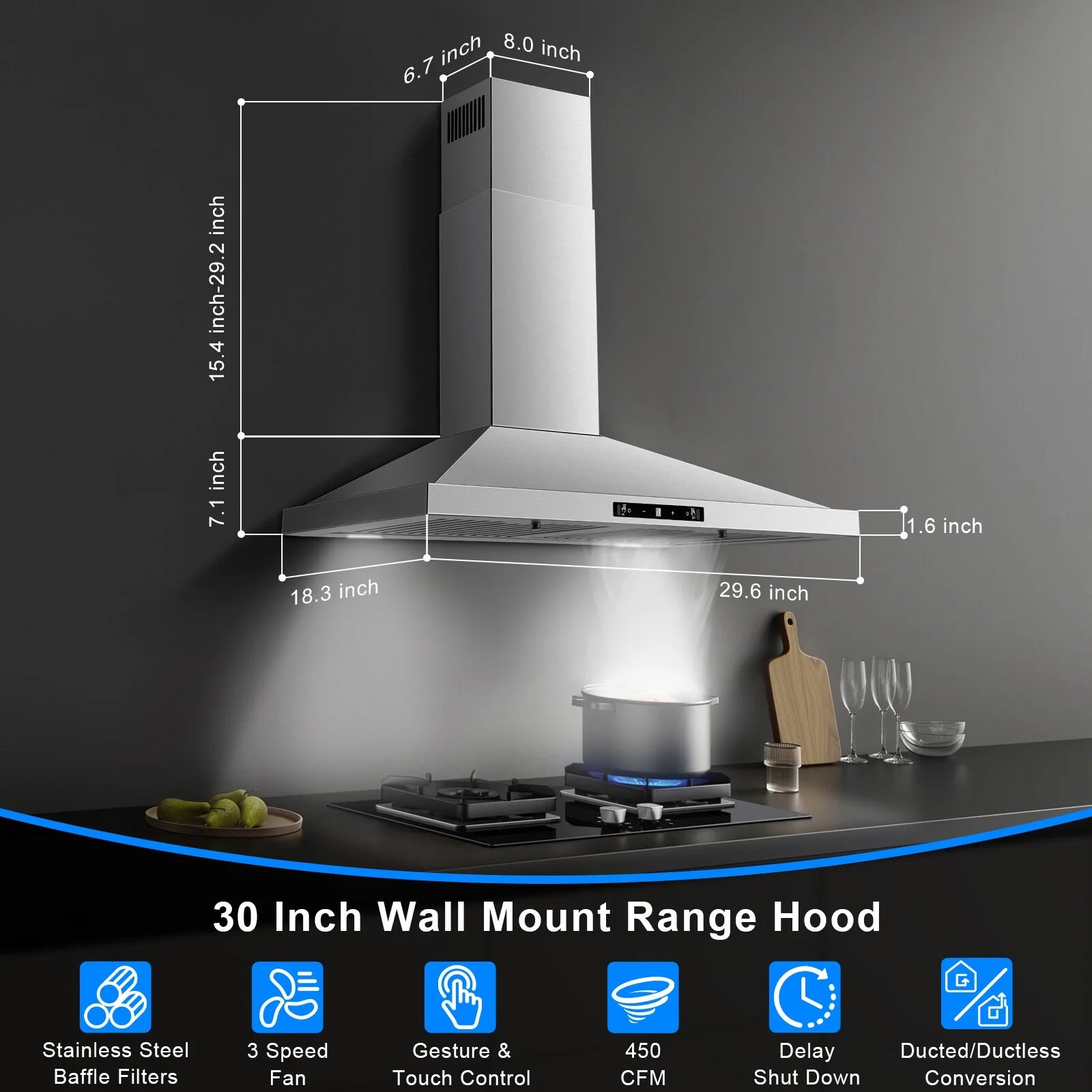 New 30 Inch Stainless Wall-Mounted Kitchen Range Hood 3-Speed Fan Exhaust Vent Gesture/Touch 120V