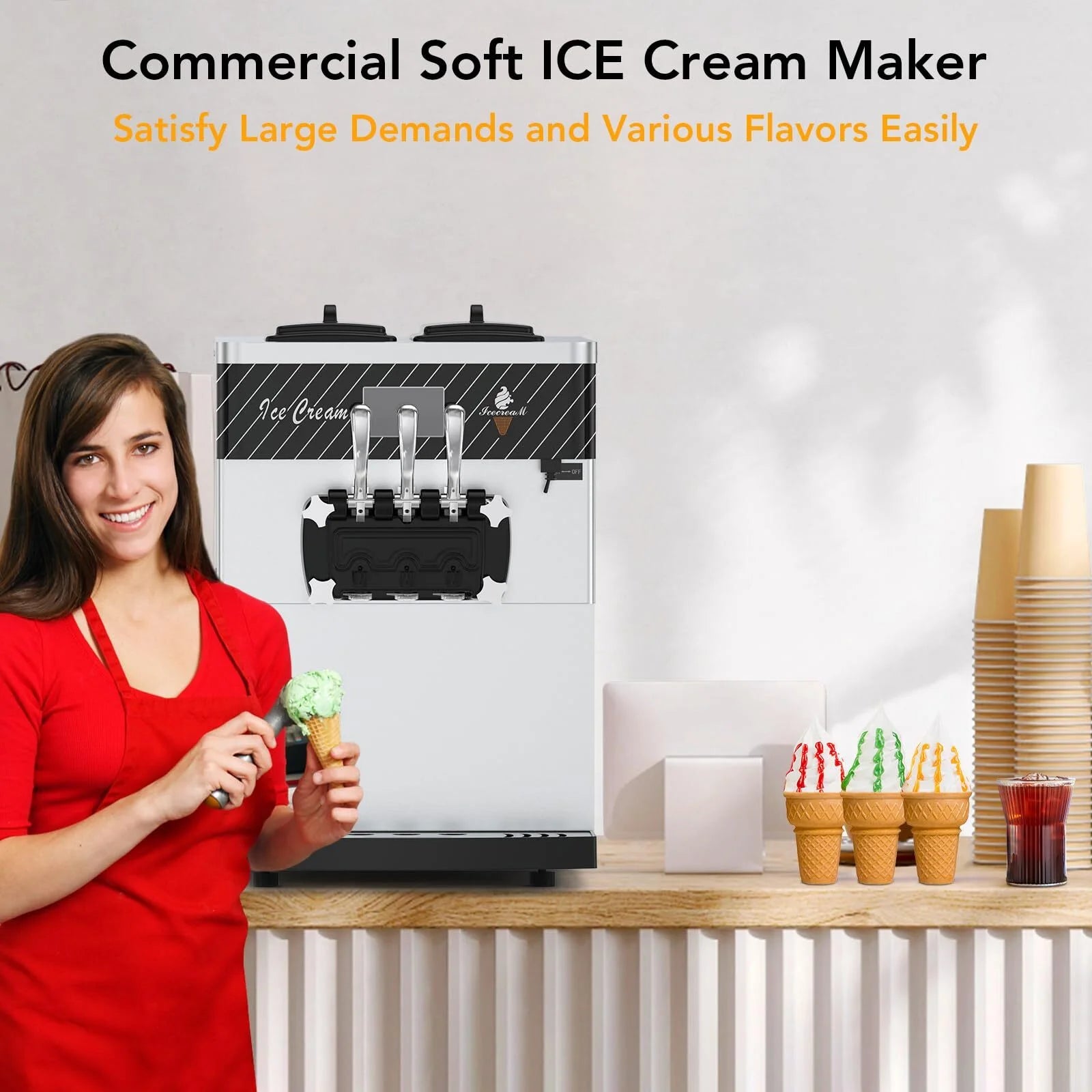Entcook 3 Flavors Commercial Ice Cream Maker, 5.8-8 Gal/H Countertop Soft Serve Ice Cream Yogurt Machine with LCD Display