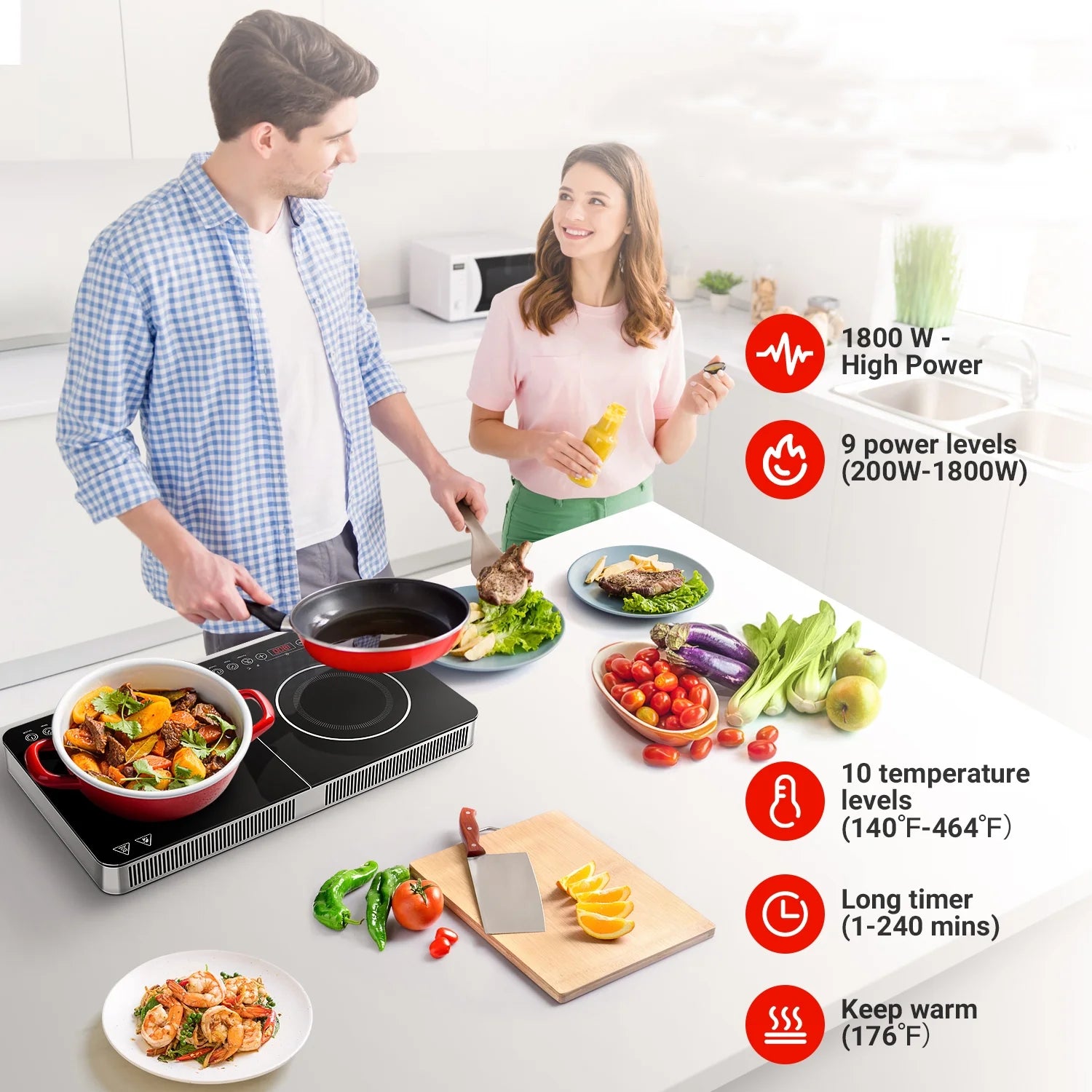 Electric Double Induction Cooktop, 1800W Portable Induction Cooktop with 2 Burners