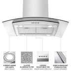 30 inch Island Mount Range Hood 900CFM  Tempered Glass 3-Speed Vent Hood Stainless Steel Dishwasher
