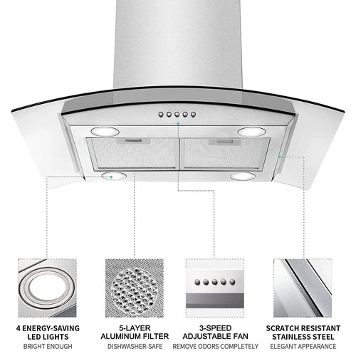 30 inch Island Mount Range Hood 900CFM  Tempered Glass 3-Speed Vent Hood Stainless Steel Dishwasher