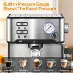 Plum Chef Espresso Machine, 20 Bar Coffee Maker with Foaming Milk Frother Wand, Espresso & Cappuccino Latte Maker Coffee Machine, 850W, 1.6L Removable Water Tank, Black&Silver