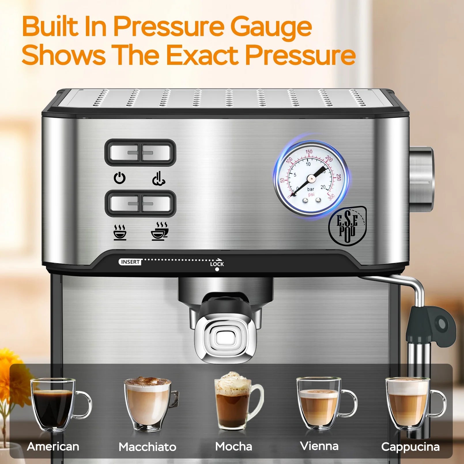 20 Bar Espresso Machine with Milk Frother, Single & Double Shot, ESE Pod Compatible, Removable Water Tank for Cappuccino, Latte, & Machiato for Home Barista